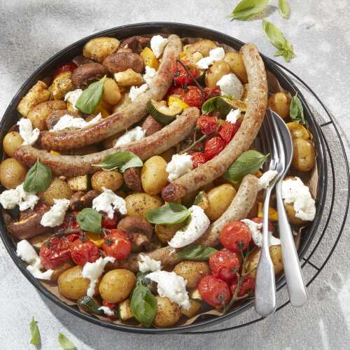 Chipolata de campagne, grenailles et légumes colorés au four-image